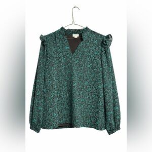 J. Crew Teal Floral Long Sleeve Ruffle Shoulder Top
